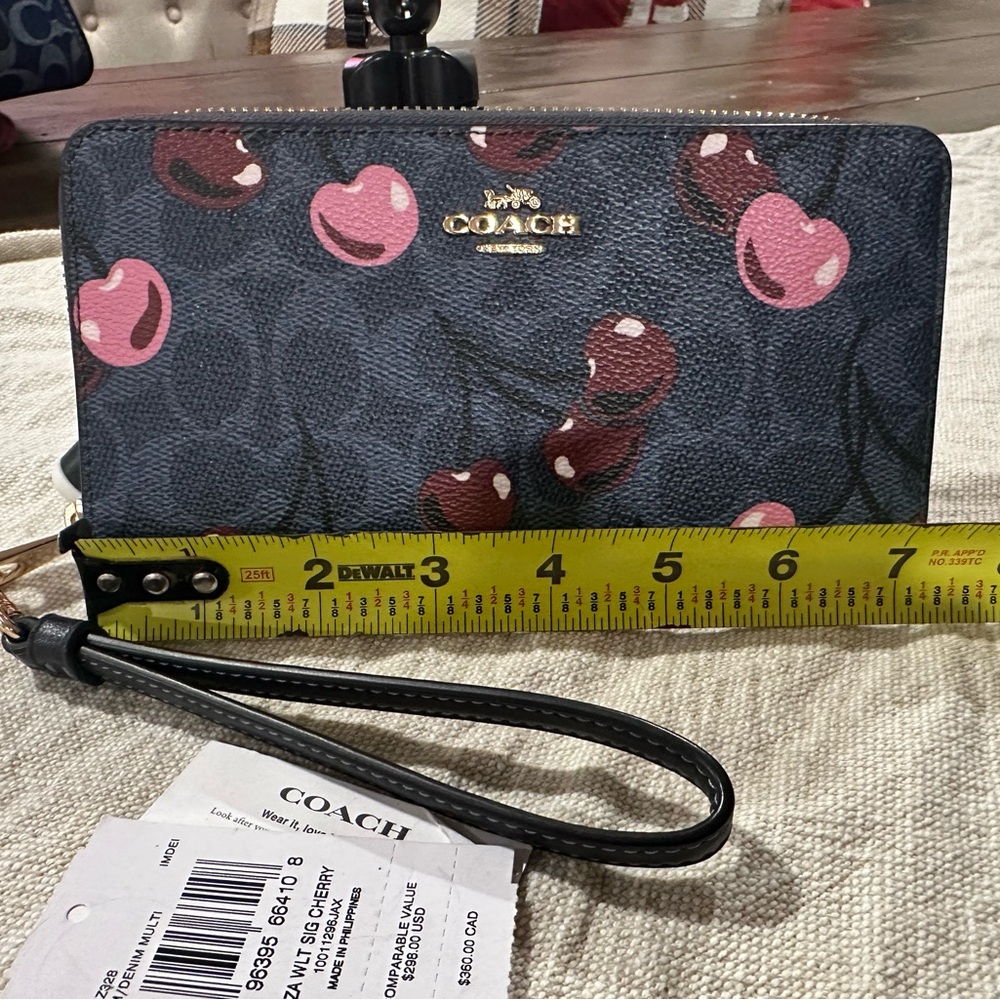 Coach Cherry Print Zip Wristlet - Pink on Black